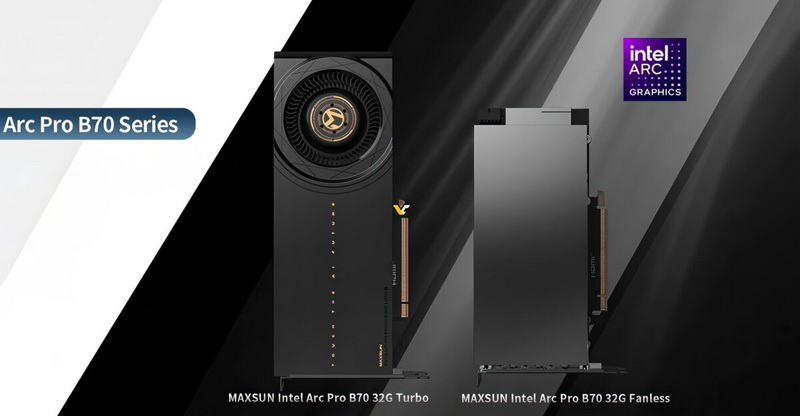 MaxSun demonstrated the Arc Pro B70 versions with active and passive cooling systems