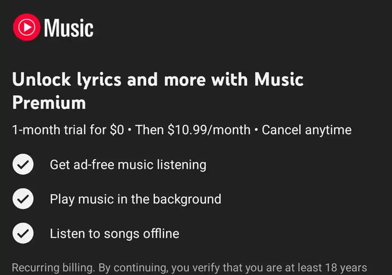 Google hid song lyrics in YouTube Music for free users