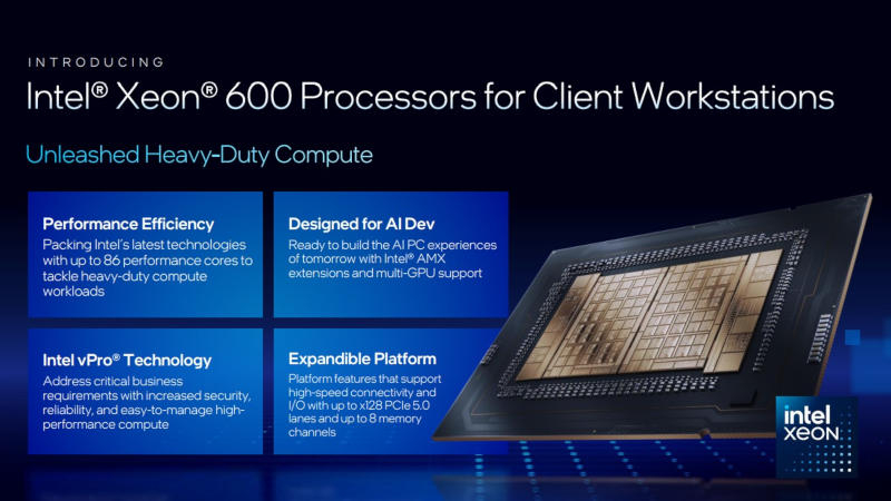 Intel released the Xeon 600 for workstations—up to 86 cores, overclocking capability, and a price of up to $7,699